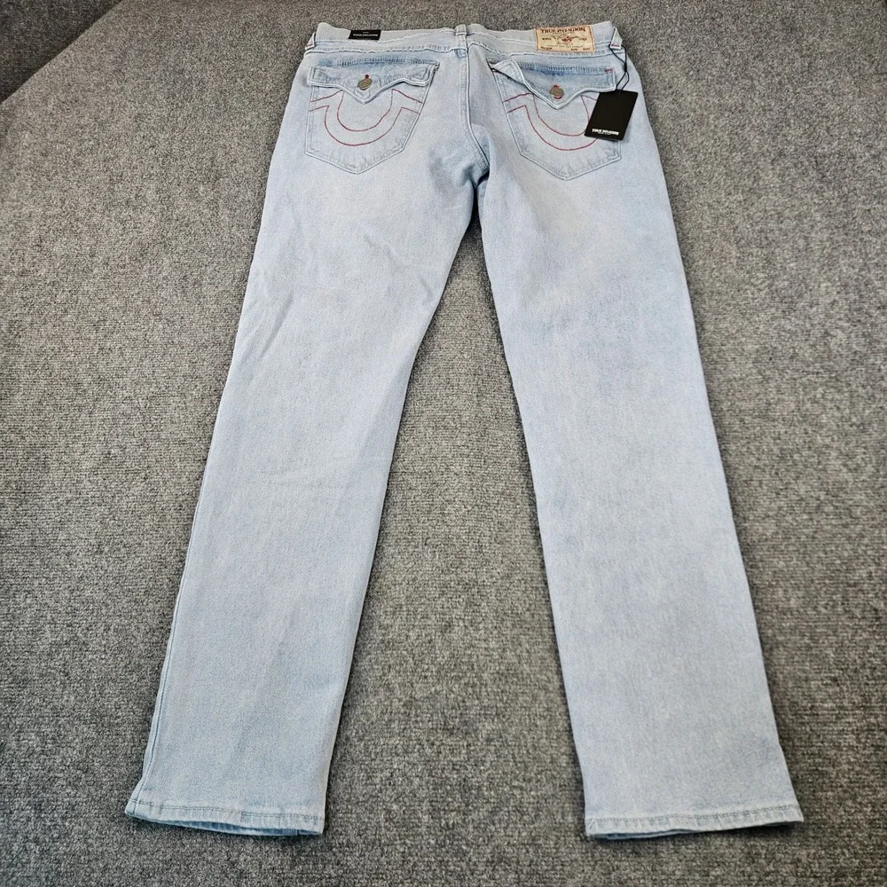 $184 True Religion Mens Geno Relaxed Slim Patch Jeans Light Journey Wash W34 L32
